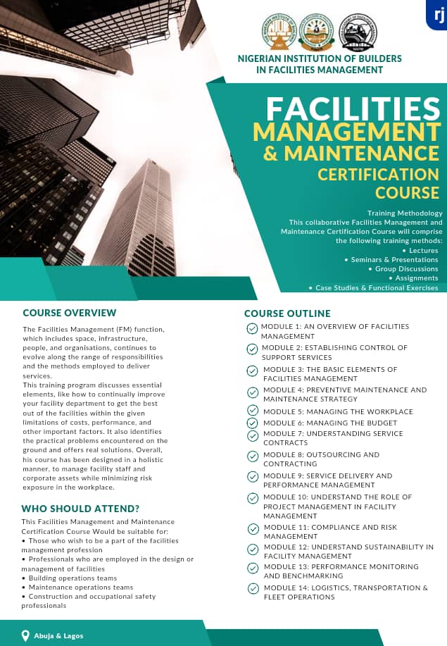 FACILITIES MANAGEMENT AND MAINTAINANCE CERTIFICATION COURSE/WORKSHOP 2023 (PHYSICAL)